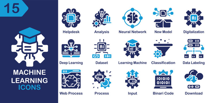 Machine Learning solid icons collection. Containing ai, data, model, training, algorithm, neural, network and more. Solid vector icons collection. Vector Illustration.