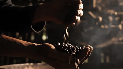 Dramatic close-up of hands pouring dark roasted coffee beans with warm, moody lighting inside a rustic factory.