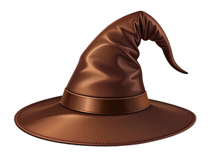 Glossy brown pointy hat with a wide brim and ribbon around the base
