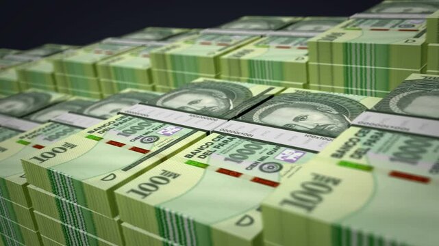 Paraguay guarani Paraguayan money banknote bundle growth up loop. 100000 PYG stacks. Concept of cash pack, banking, travel, business, economy and finance 3d loopable seamless.