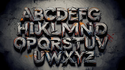 Industrial Metal Alphabet Letters in 3D Style with Textured Grunge and Splatter Effects © Khresna