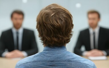 A young professional facing a panel of hiring managers during a job interview.