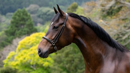 Obraz premium Majestic brown horse wearing a stylish bridle stands calmly against a green backdrop. Its dark mane is sleek, and a white blaze adds character to its face. (178/180)