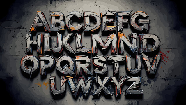 Industrial Metal Alphabet Letters in 3D Style with Textured Grunge and Splatter Effects