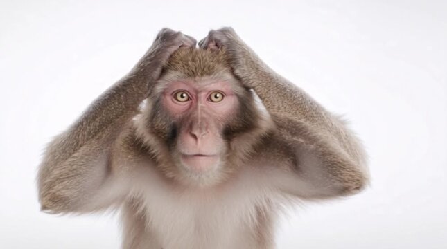 observing a playful monkey making a surprised gesture against a clean white backdrop