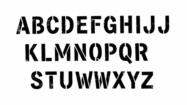 Complete set of uppercase stencil alphabet letters featuring a distressed and grunge texture, perfect for industrial, military, or urban design aesthetics, graphic art, and bold typography