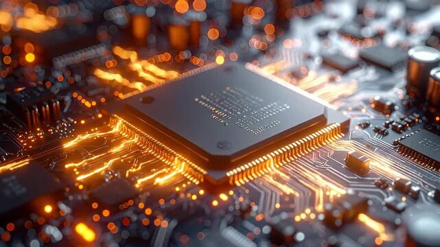 Close-up of a modern computer processor with intricate circuit patterns and glowing lights.