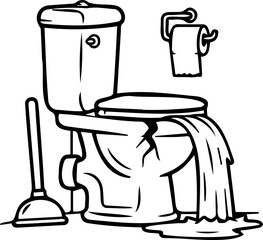 Broken Overflowing Toilet Line Art: Minimalist Plumbing Emergency Illustration with Plunger and Water Leak