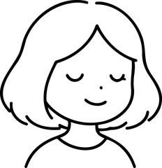 Minimalist Young Girl Line Art Illustration: Cute Female Character Icon with Short Bob Haircut and Calm Expression