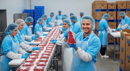 Smiling Worker Holds Raw Steak in Meat Processing Plant Production Line
