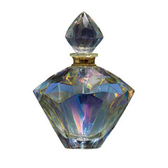 Luxury crystal perfume bottle in elegant diamond shape with golden cap and rainbow reflections in studio lighting for luxury branding