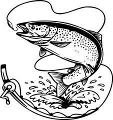 Vintage Trout Fishing Line Art: Detailed Illustration of Jumping Fish with Fishing Reel and Hook
