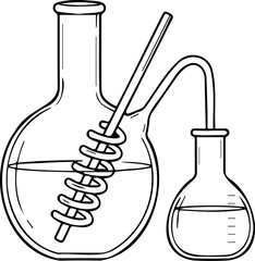 Minimalist Laboratory Distillation Apparatus Illustration: Chemistry Experiment Line Art with Boiling Flask, Condenser, and Burner