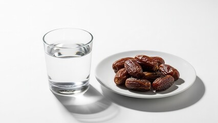 A simple, high-key studio shot captures a refreshing glass of water and several brown dates prepared on a white plate against a clean, bright background.