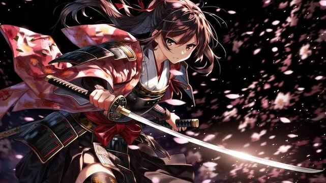 Anime-style female samurai wielding a sword amid falling cherry blossoms in the dark
