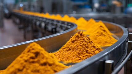 Golden spice mounds parade on a conveyor belt, bathed in the soft factory glow. Precision meets nature in this automated spice-processing scene. Vibrant hues and meticulous design!