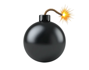 A glossy black spherical bomb with lit fuse against a black backdrop