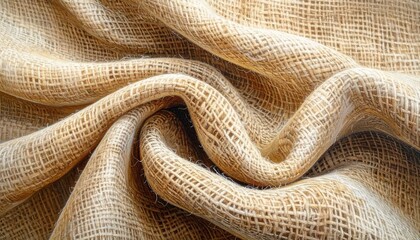 Close-up of burlap fabric showing coarse jute weave in grid-like rustic texture on neutral surface