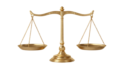 Golden balance scale symbolizing justice law equality fairness legal system judgment authority and courtroom concept on white background