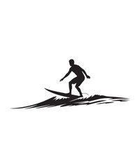 Fototapeta premium Silhouette of a surfer riding a wave, dynamic action against a graphic background.