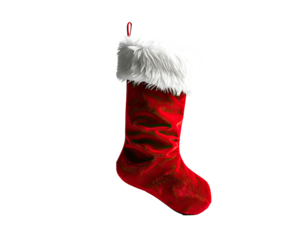 A red Christmas stocking with white faux fur cuff, isolated on black
