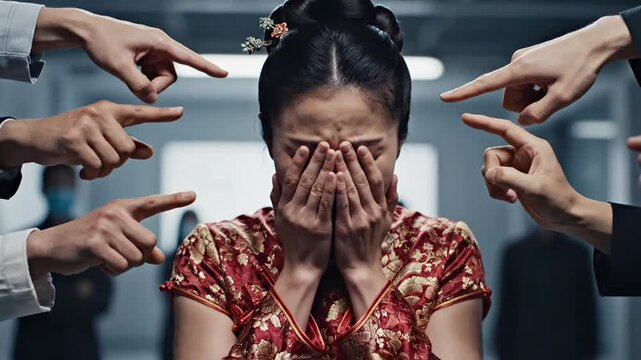 Cinematic portrait of a sorrowful Asian woman wearing traditional Chinese costume, hiding her face in regret and grief, slow motion cultural drama aesthetic, emotional historical atmosphere.