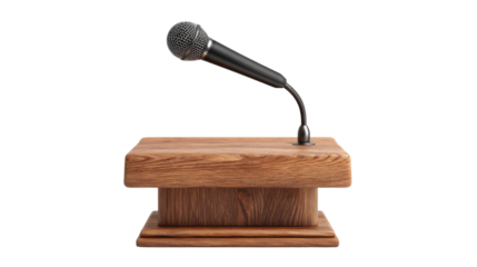 Professional podium microphone on wooden lectern for public speaking conference presentation press event isolated on white background