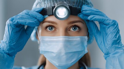 A healthcare professional adjusts a headlamp in a sterile setting, wearing protective gloves and a mask. Focused eyes hint at dedication and precision for patient care.