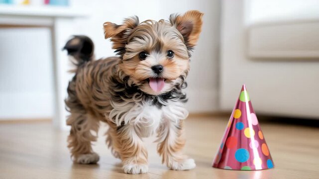 Cute morkie wearing birthday hat in festive party setting
