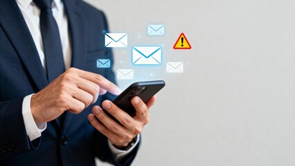 Businessman using smartphone with email icons
