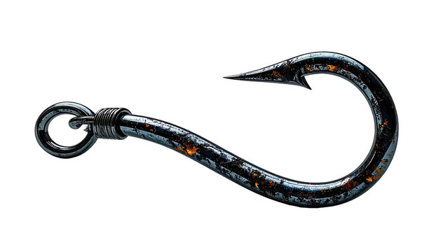 A weathered, metallic fishing hook against a stark black backdrop