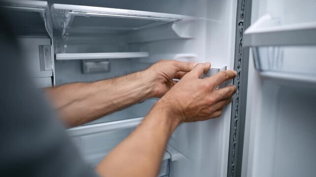Closeup of a technician fitting a magnetic fridge gasket ensuring airtight sealing for enhanced energy efficiency and prolonged cooling performance.