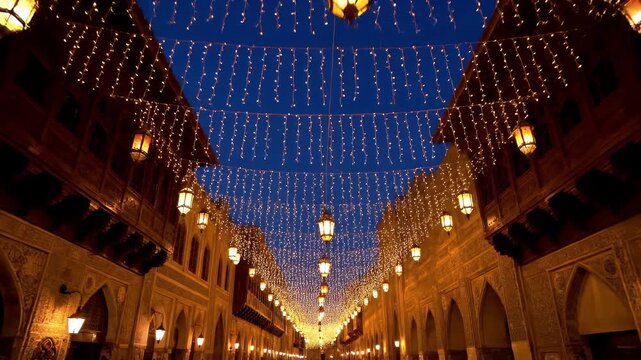 Sweeping cinematic crane over ancient city street, glowing Ramadan festive lights, warm gold and amber ambiance