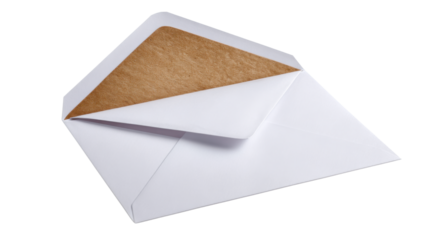 Open white paper envelope with visible brown interior representing mail message communication isolated on white background