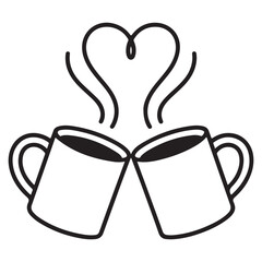 Two coffee cups with heart steam in modern simple line art
