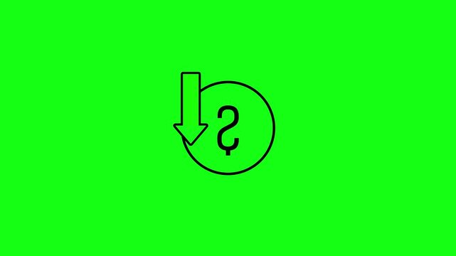 Dollar sign down arrow with circle animation on green background.4k Video