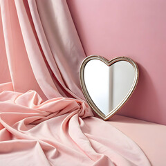 a heartshaped mirror against a soft pink backdrop