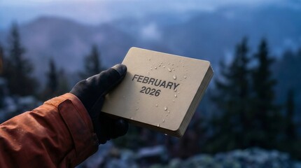 Embracing February 2026: Hand Holding Calendar Amidst Misty Mountains. Planning Future Dates & Outdoor Goals.