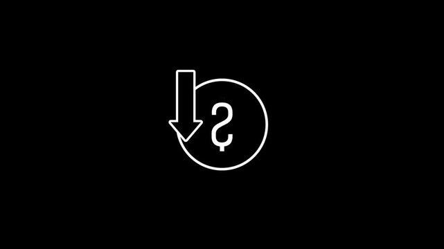 Dollar sign down arrow with circle animation on black background.4k Video