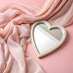 a heartshaped mirror against a soft pink backdrop