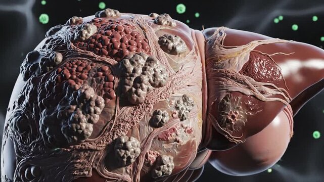 Detailed 3D Medical Illustration Depicting Human Liver Disease Progression from Fatty Steatosis and Fibrosis to Advanced Cirrhosis and Malignant Cancer Caused by Viral Infection Damage