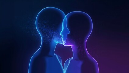 Abstract digital representation of two luminous human silhouettes in blue and purple neon, illustrating concepts of futuristic technology, artificial intelligence, and interconnected consciousness
