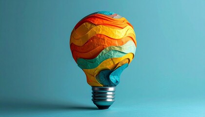 A light bulb with a vibrant wavy pattern in red, orange, yellow, green, and blue on a light blue background.