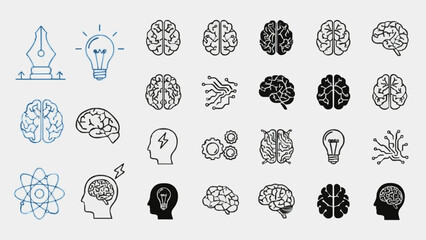 Brain and Idea Icons Set &ndash; Includes Neurons, Light Bulb, Head Silhouette, Atom. Vector Line Art, Minimalist, Editable Stroke, Blue and Black Variants.