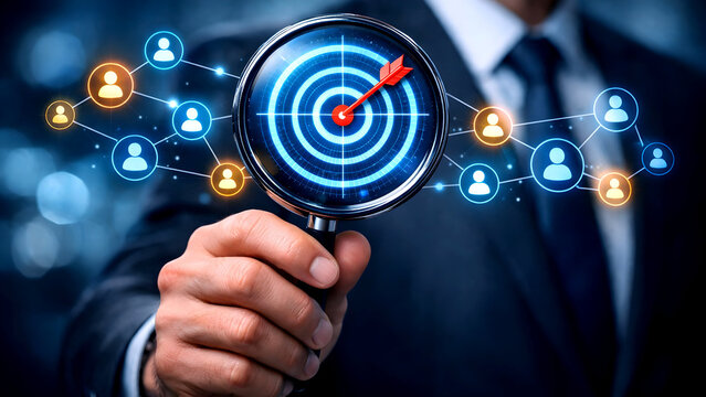 "Visualization of a businessman examining a defined audience, reflecting marketing strategy, lead generation, and business growth."
