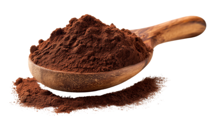 Wooden spoon filled with cocoa powder aromatic chocolate ingredient for baking cooking natural raw gourmet dessert beverage concept isolated on white background