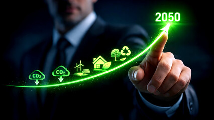 "Corporate leader highlighting growth arrow representing carbon reduction, lower CO2 levels, and sustainable practices within the Bio Circular Green Economy framework."