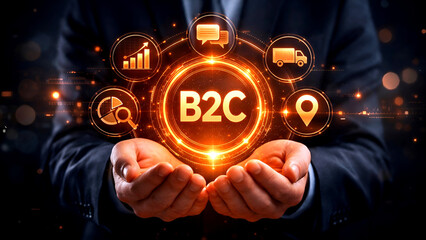 "Business-to-customer concept illustrated by a professional’s hands displaying a B2C icon with elements of marketing, communication, and finance."