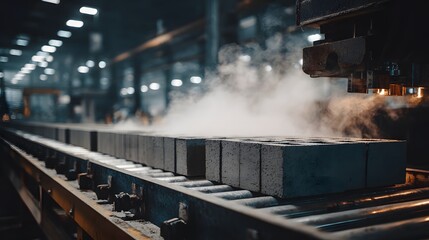 Automated concrete block production line in a factory, showcasing industrial manufacturing. Precision engineering and mass production of building materials.