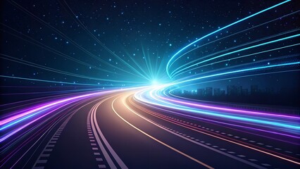 Dynamic streaks of light illuminate a highway, signifying speed, technology, and futuristic travel. Neon lines and an enigmatic night sky enhance the visual